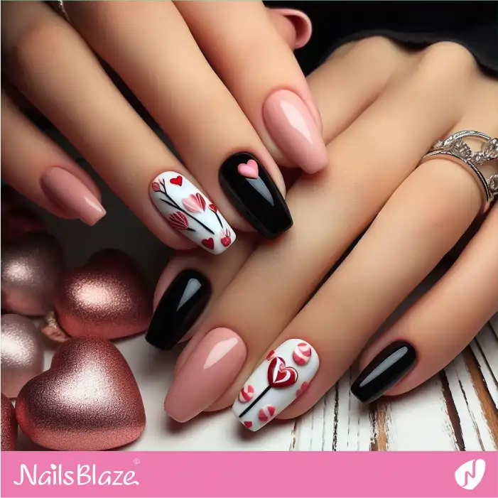 Pink and Black Candy Nail Design for Valentine's Day | Valentine Nails - NB2204